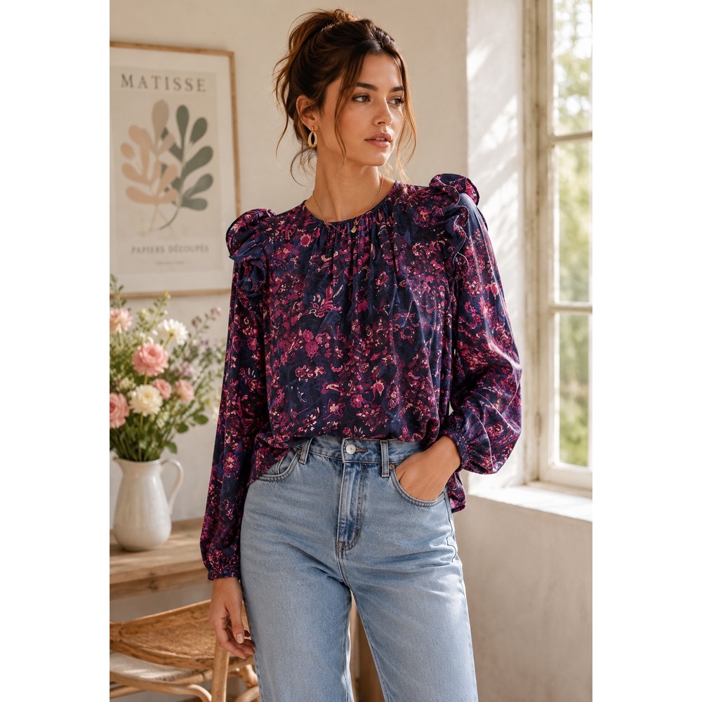 Ulla Johnson Rana Floral Ruffle Blouse Midnight Blue Pink Size 4